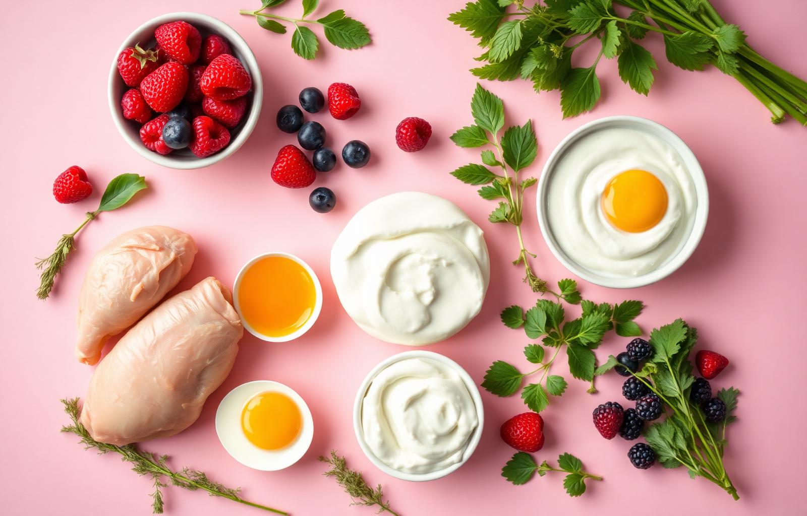 Fresh high-protein ingredients on a blush background